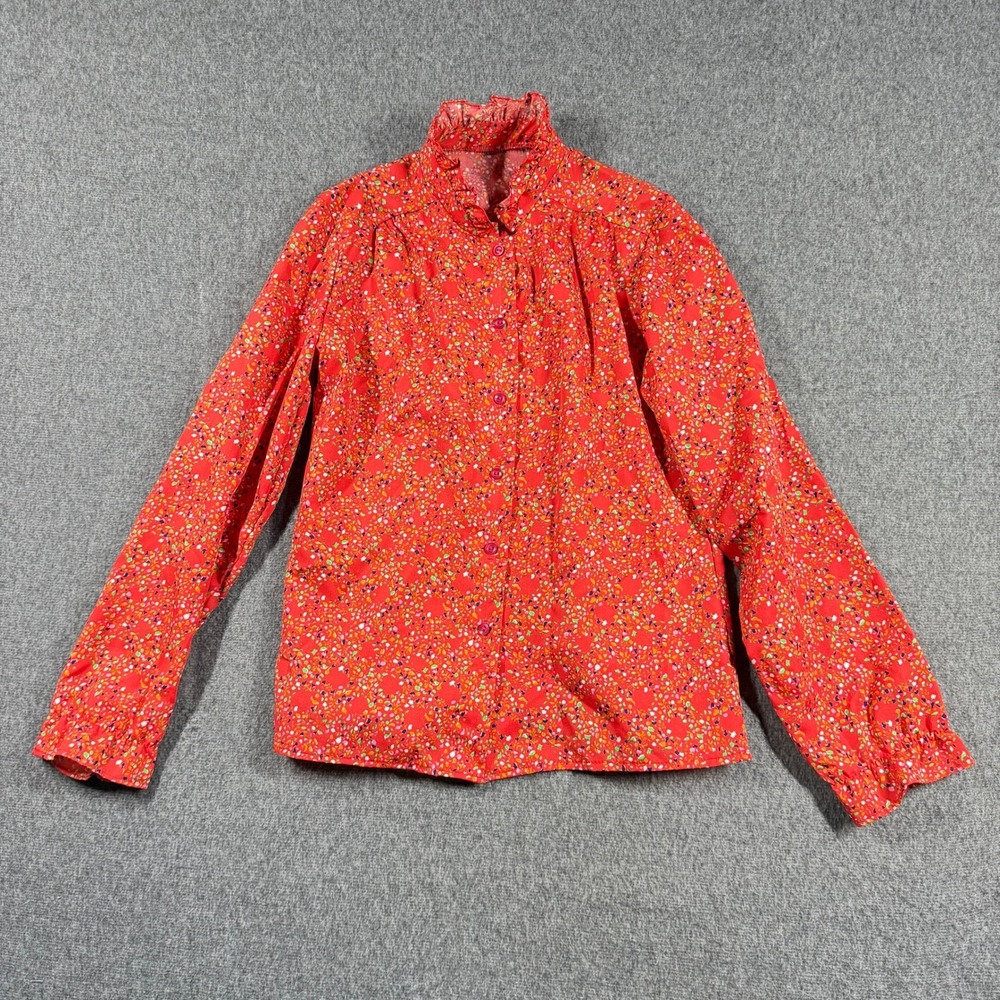 Vintage Ruffle Neck Ditsy Floral Blouse Red Long Sleeve Button Up Top Women S